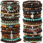 42-Piece Assorted Bohemian-Style Wooden Beaded Bracelet Lot