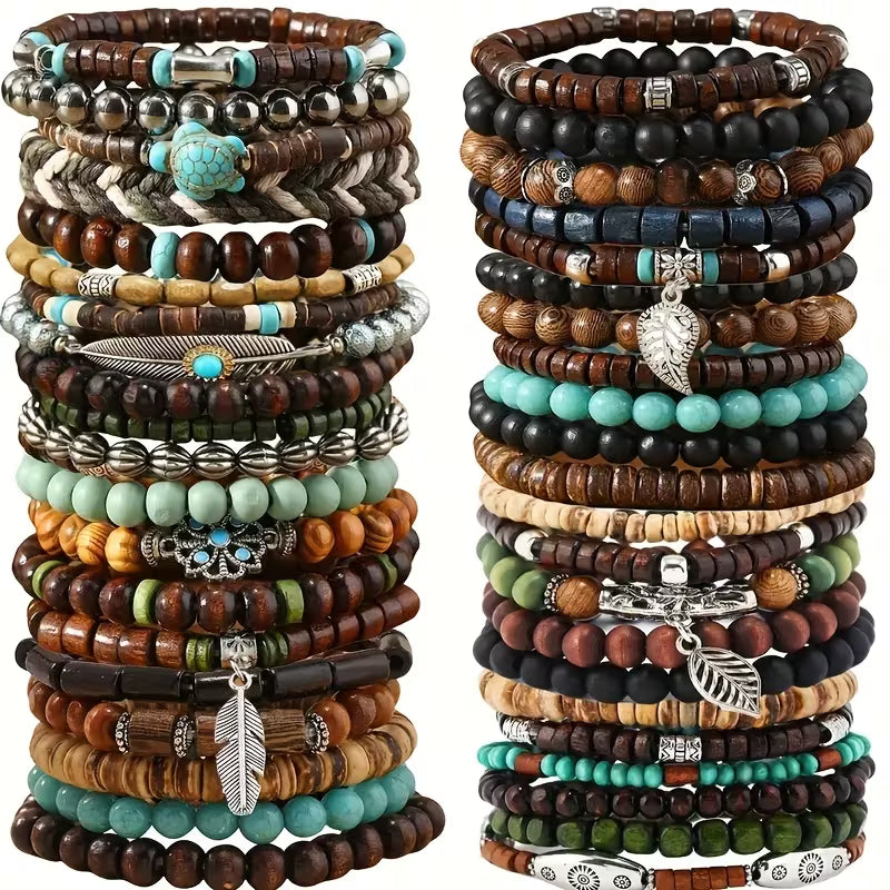 42-Piece Assorted Bohemian-Style Wooden Beaded Bracelet Lot