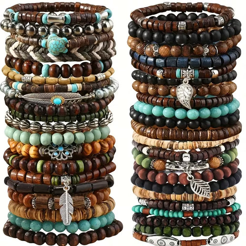 42-Piece Assorted Bohemian-Style Wooden Beaded Bracelet Lot
