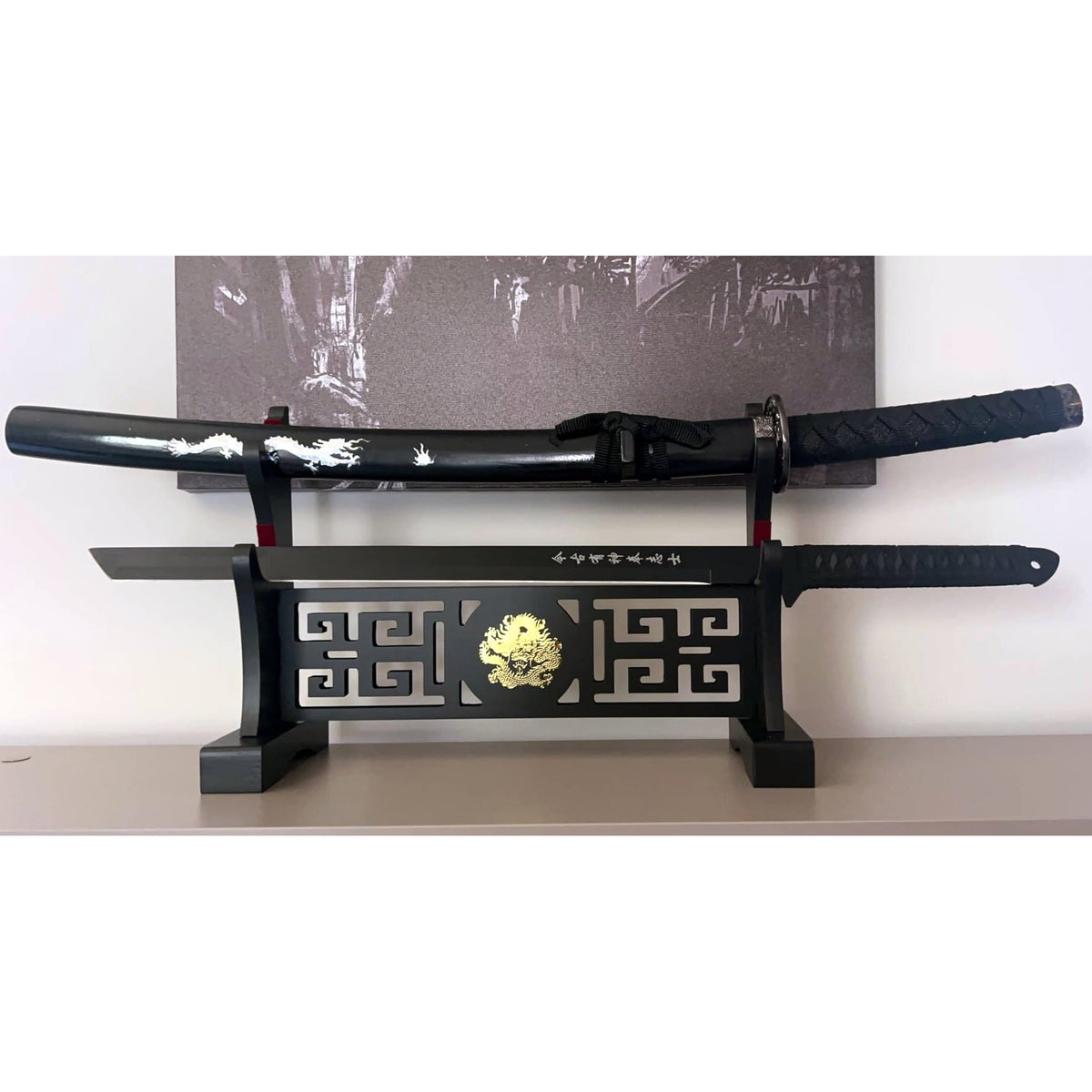 Black Wood Dragon Sword Display Stand