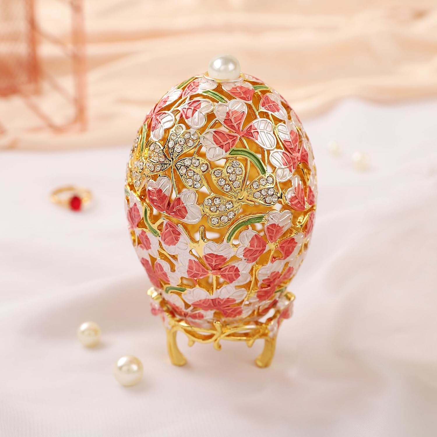 Hand-Painted Rhinestones Enamel Egg Trinket Box