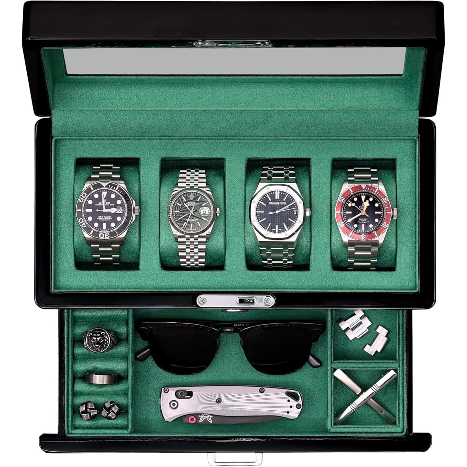Piano Black Watch Display Case with Glass Lid & Valet Drawer