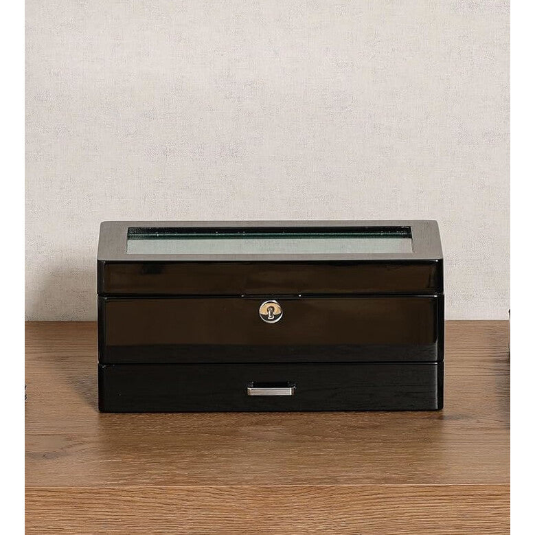 Piano Black Watch Display Case with Glass Lid & Valet Drawer