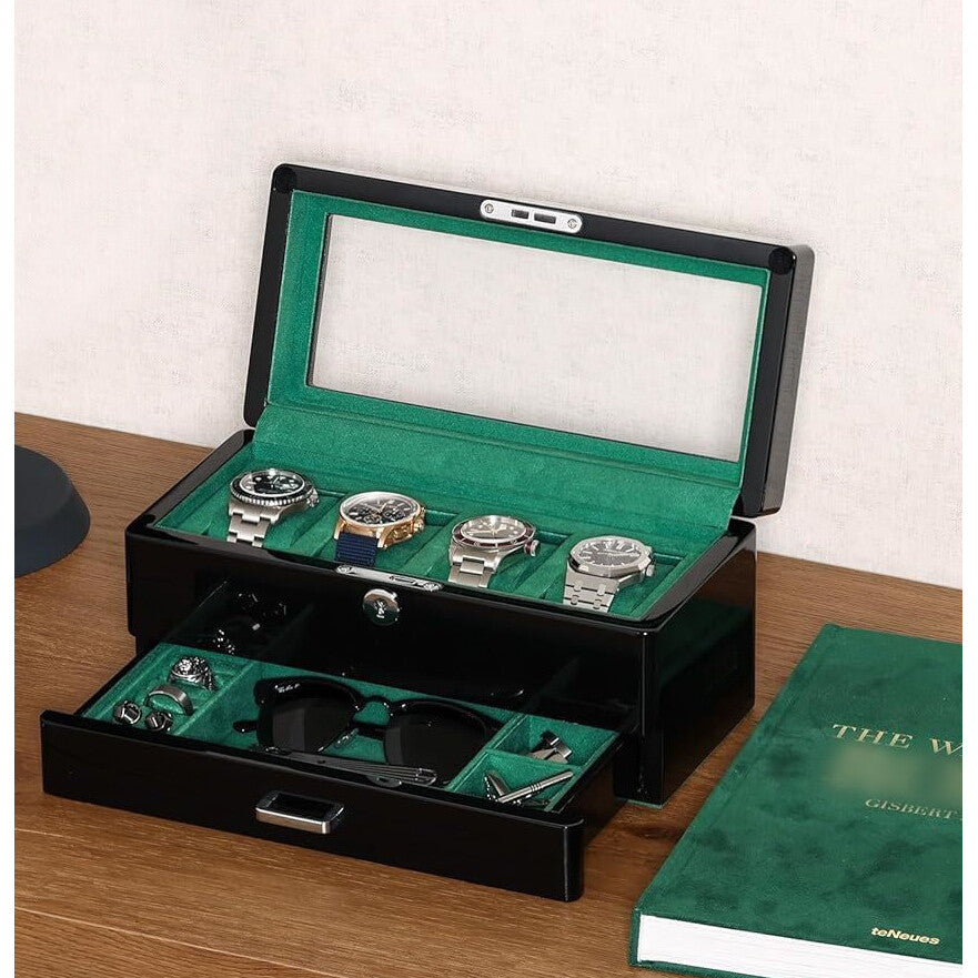 Piano Black Watch Display Case with Glass Lid & Valet Drawer