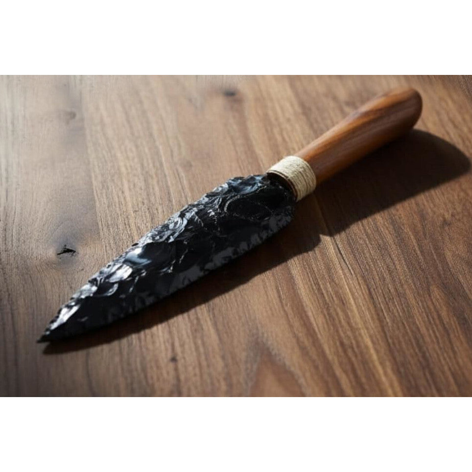 Obsidian Blade Knife Hand-Knapped with Wood Handle