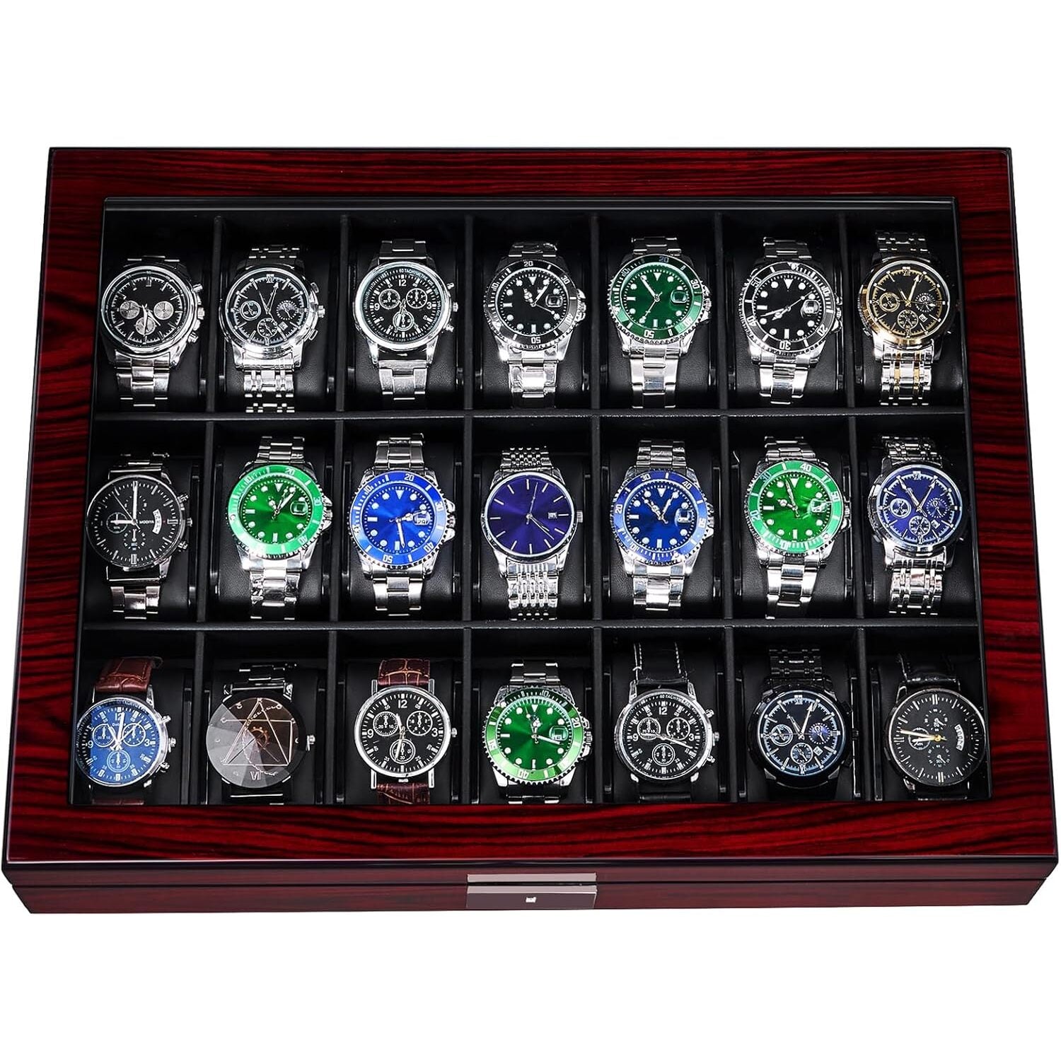 21 Slot Lockable Wooden Watch Display Case with Glass Lid