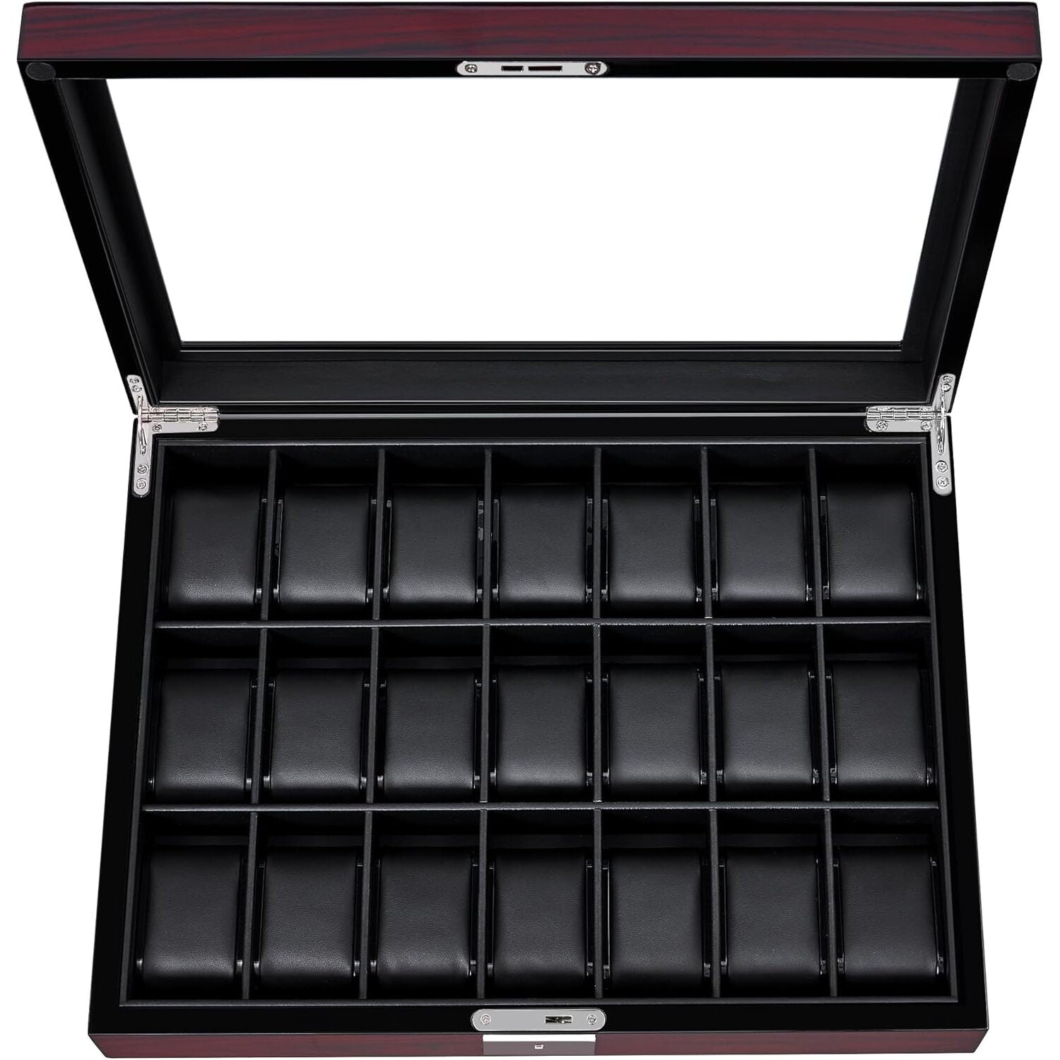 21 Slot Lockable Wooden Watch Display Case with Glass Lid