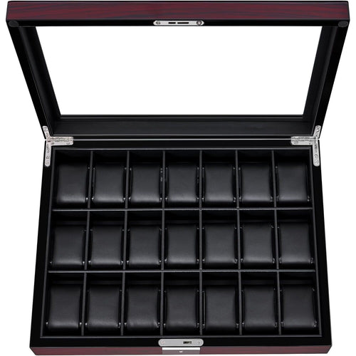 21 Slot Lockable Wooden Watch Display Case with Glass Lid