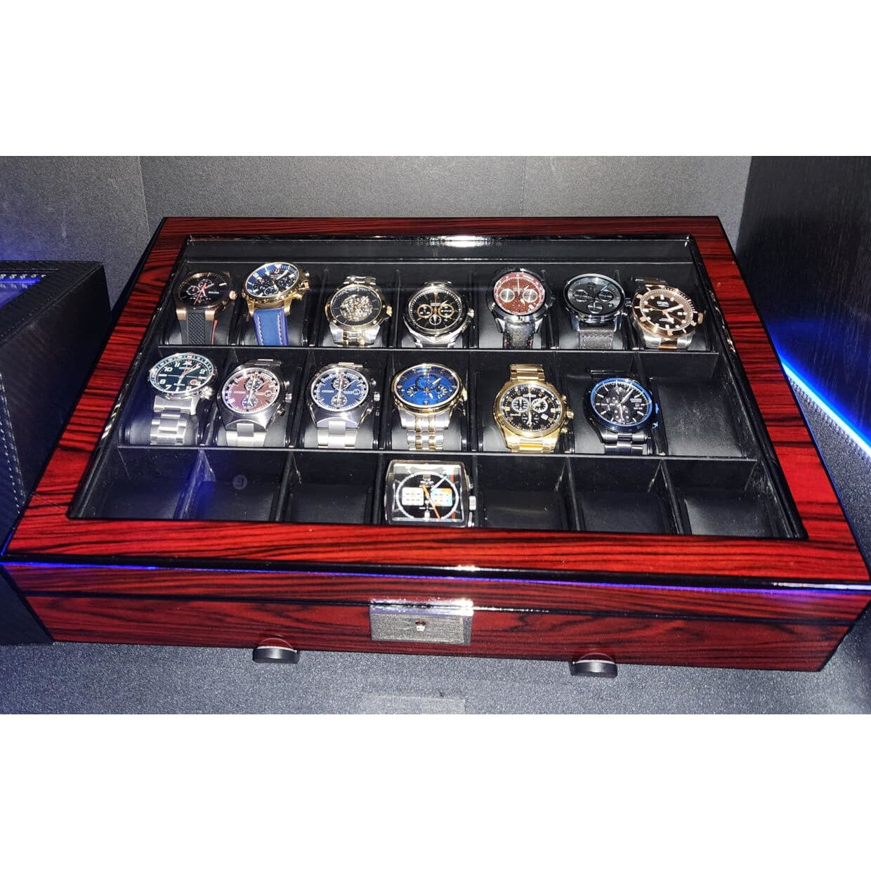 21 Slot Lockable Wooden Watch Display Case with Glass Lid