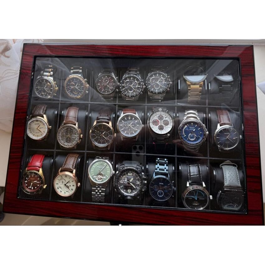 21 Slot Lockable Wooden Watch Display Case with Glass Lid