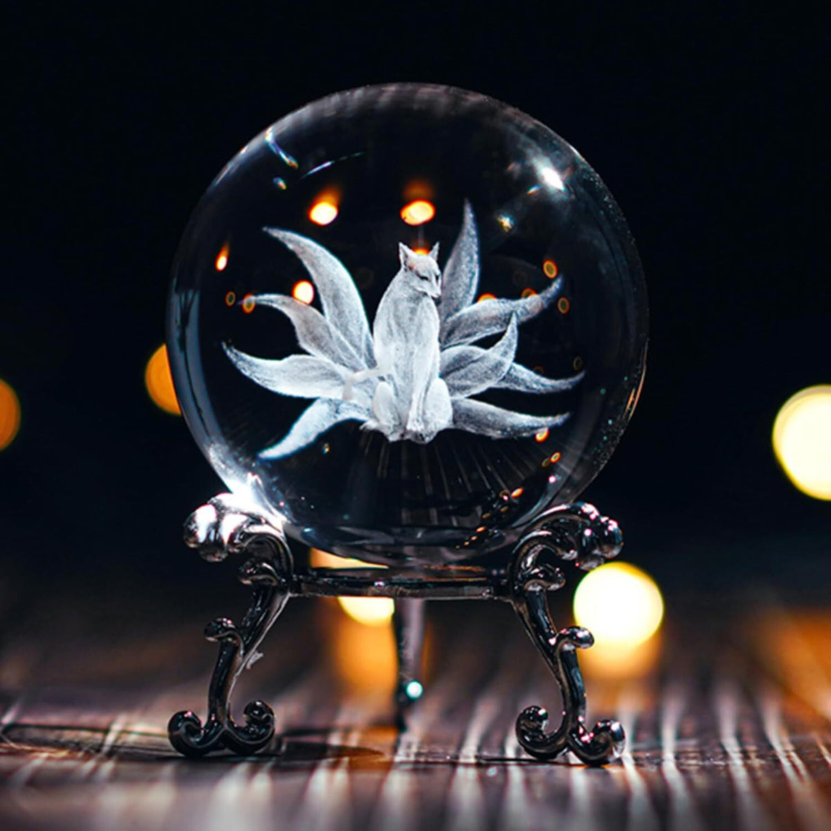 Nine-Tailed Fox Crystal Ball Paperweight with Stand
