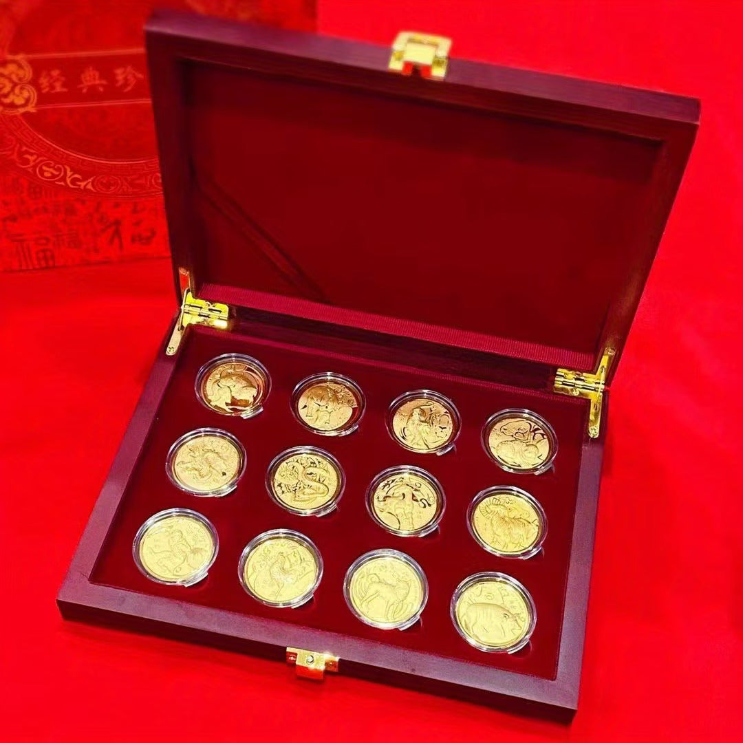 12 Zodiac Signs Golden Zodiac Coin Collection in Wooden Case