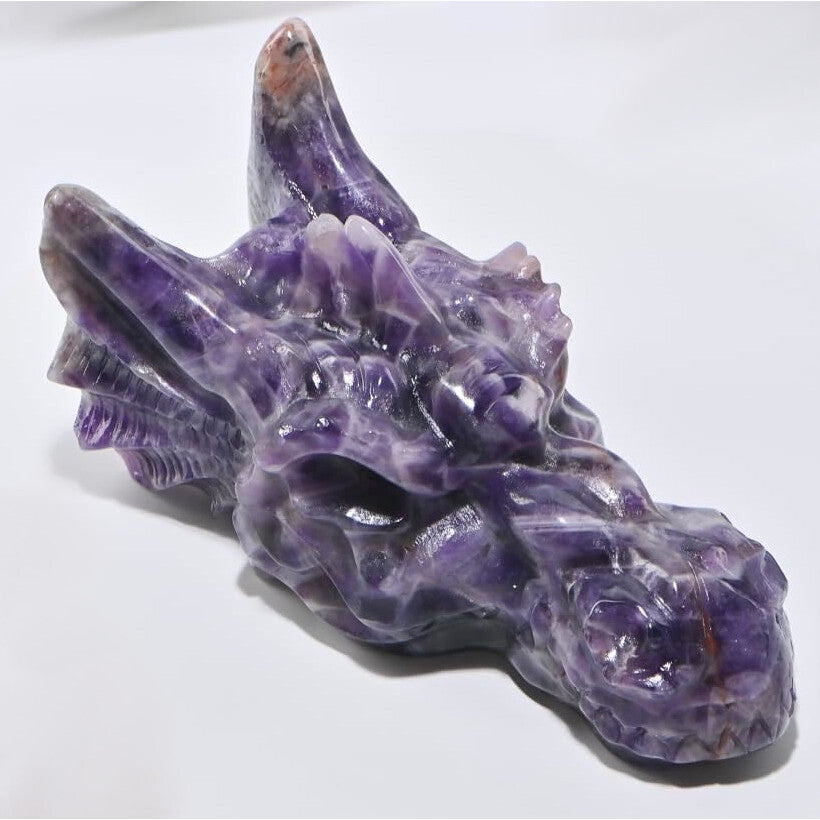 Hand Carved Amethyst Dragon Crystal Skull