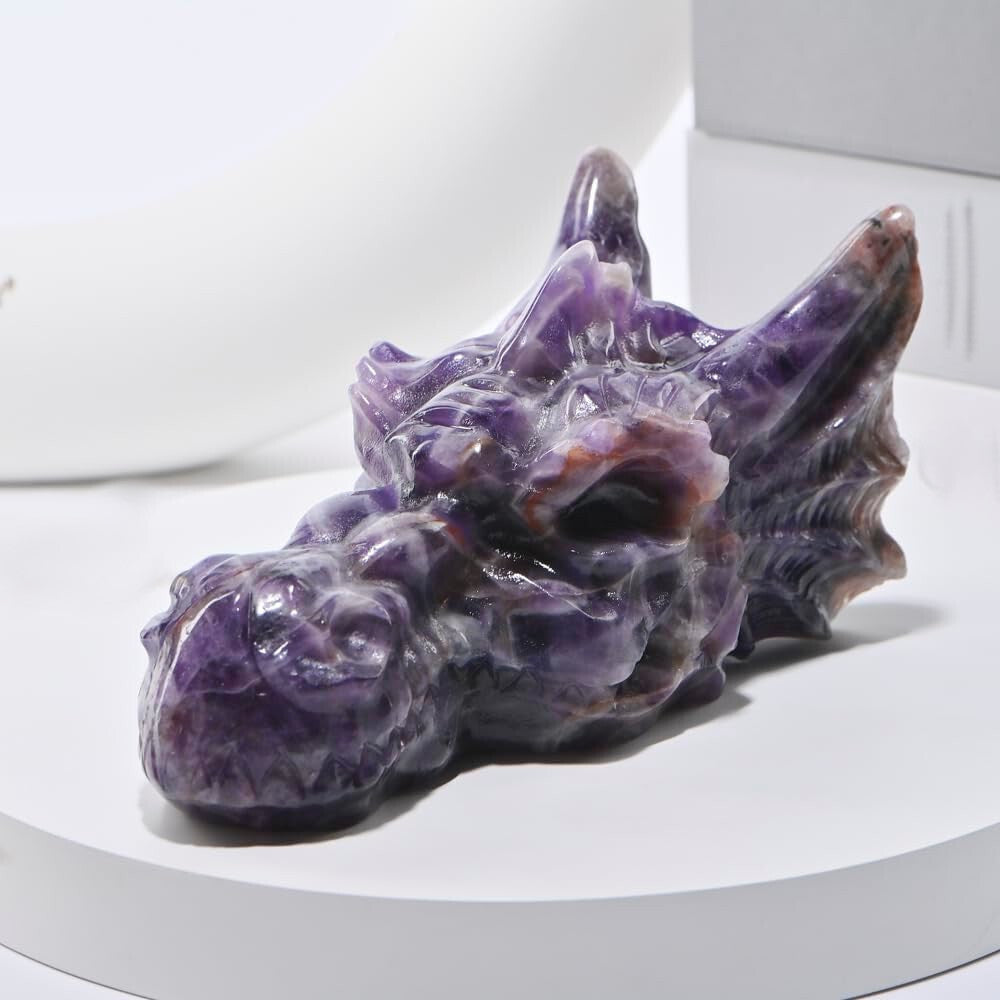 Hand Carved Amethyst Dragon Crystal Skull