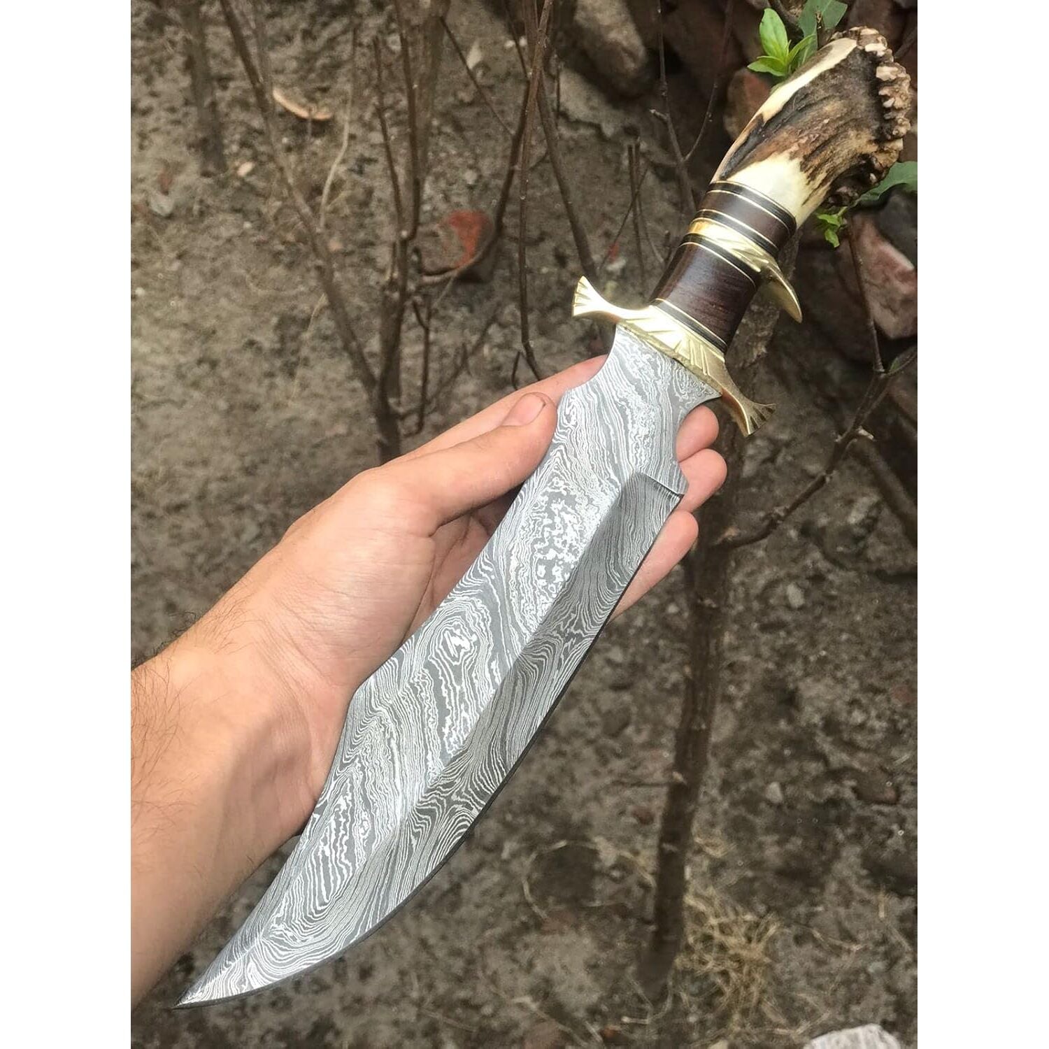 Handcrafted Damascus Steel Bowie Knife with Stag Horn