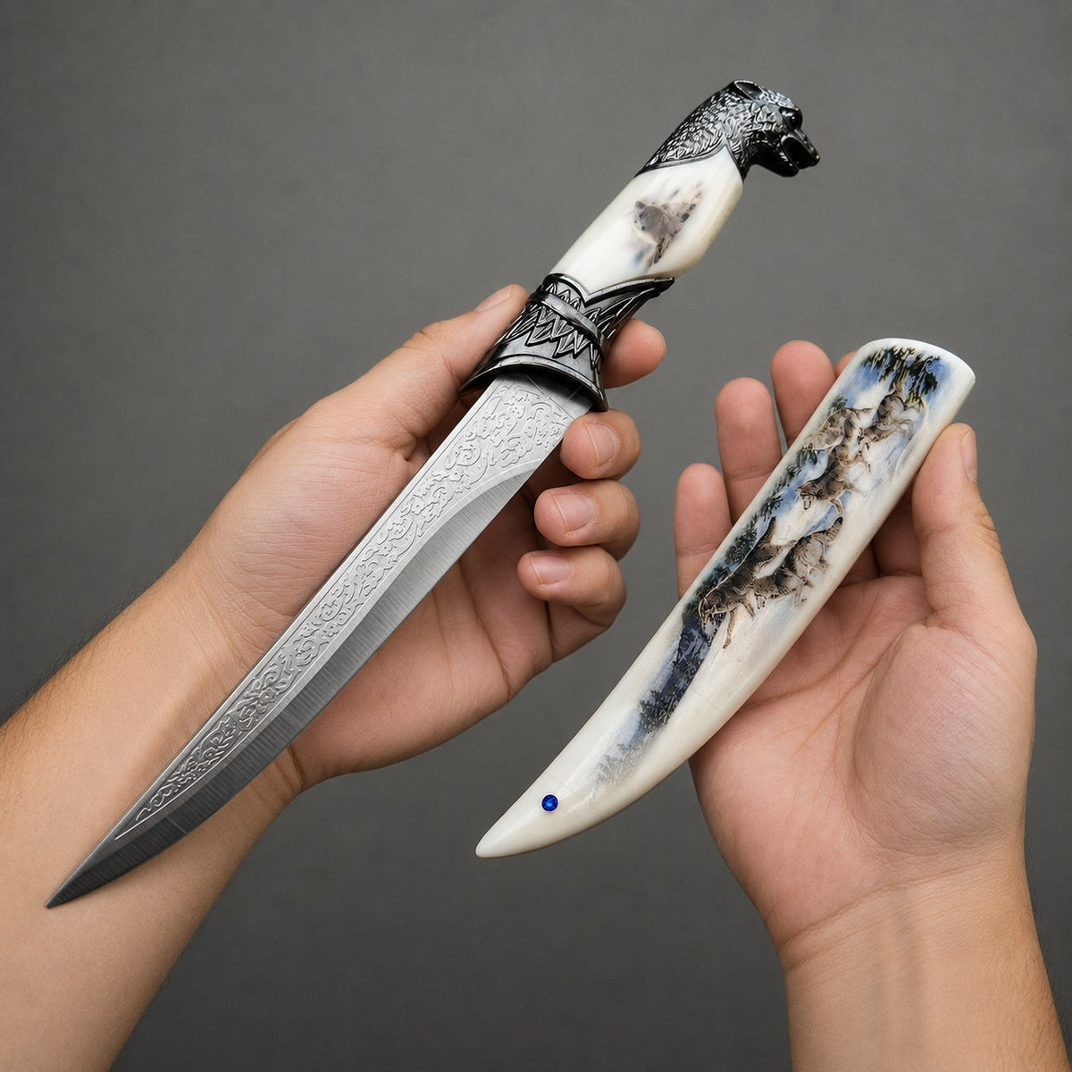 Wolf Head Collectible Knife with Scabbard