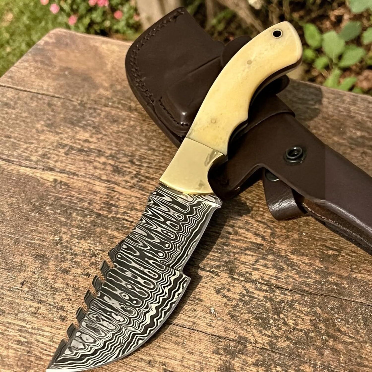 Buffalo Bone Handmade Damascus Tracker Knife