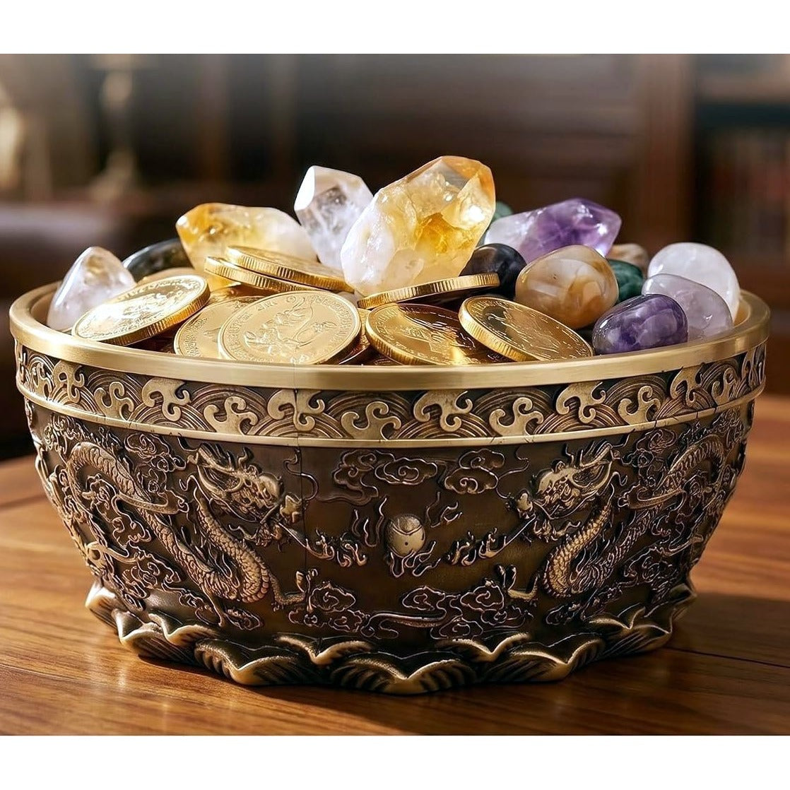 Solid Brass Feng Shui Double Dragon Wealth Bowl