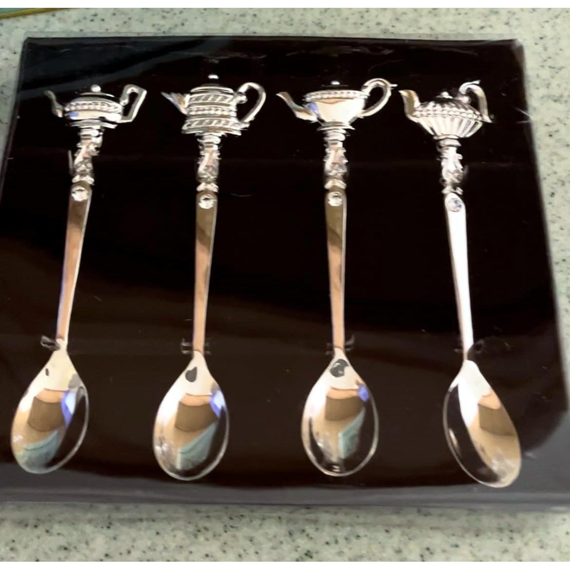 Silver-Plated Tea Spoon Set with Crystal Accents
