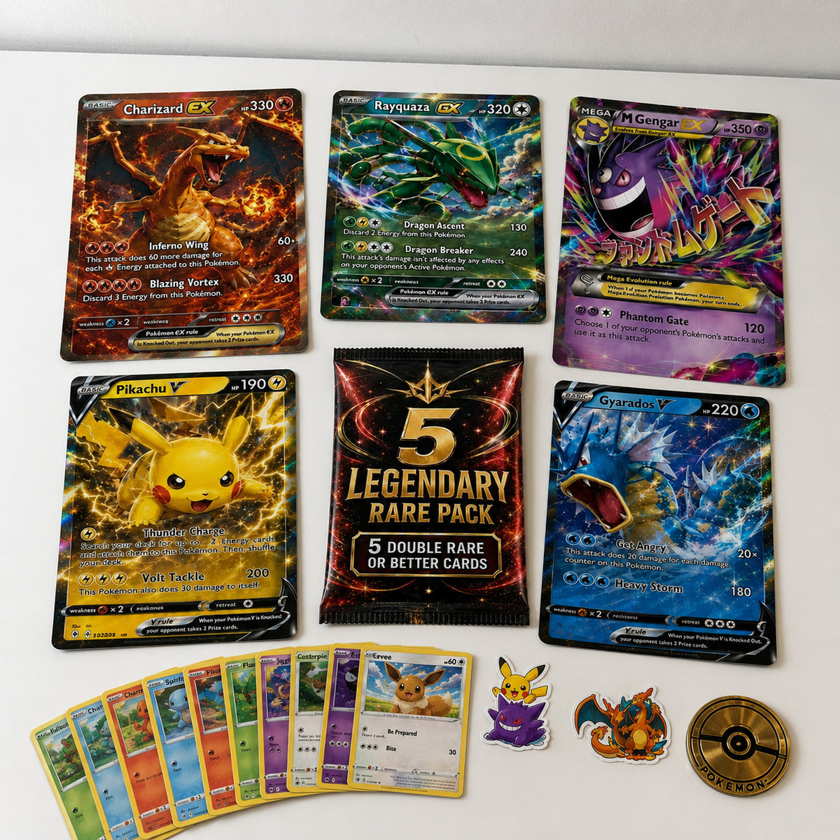 15-Card Pokémon Assortment with Stickers and Collectible Coin