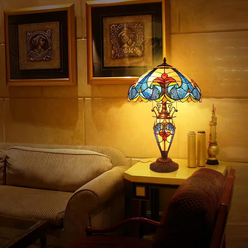 Tiffany-Style Stained Glass Table Lamp with Night-Light Base