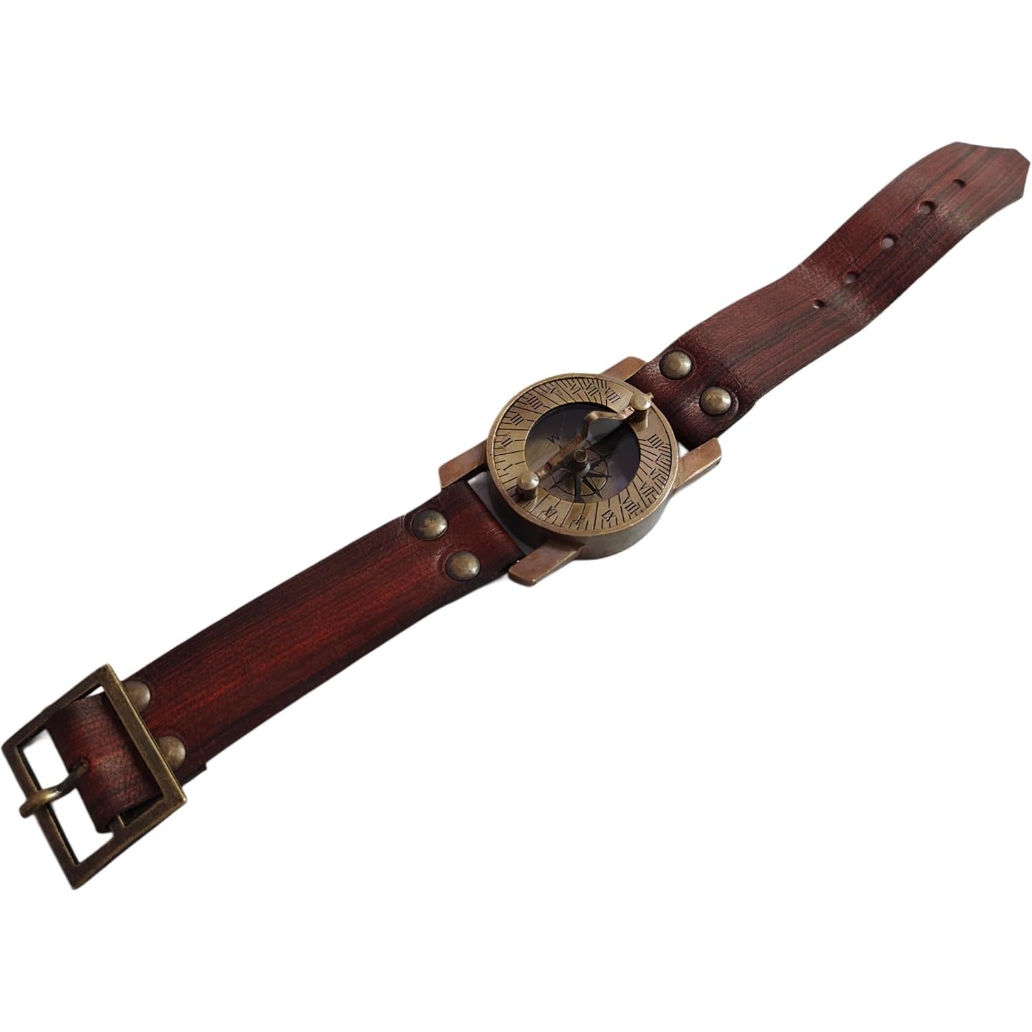 Handmade Brass Sundial Compass with Brown Leather Wristband