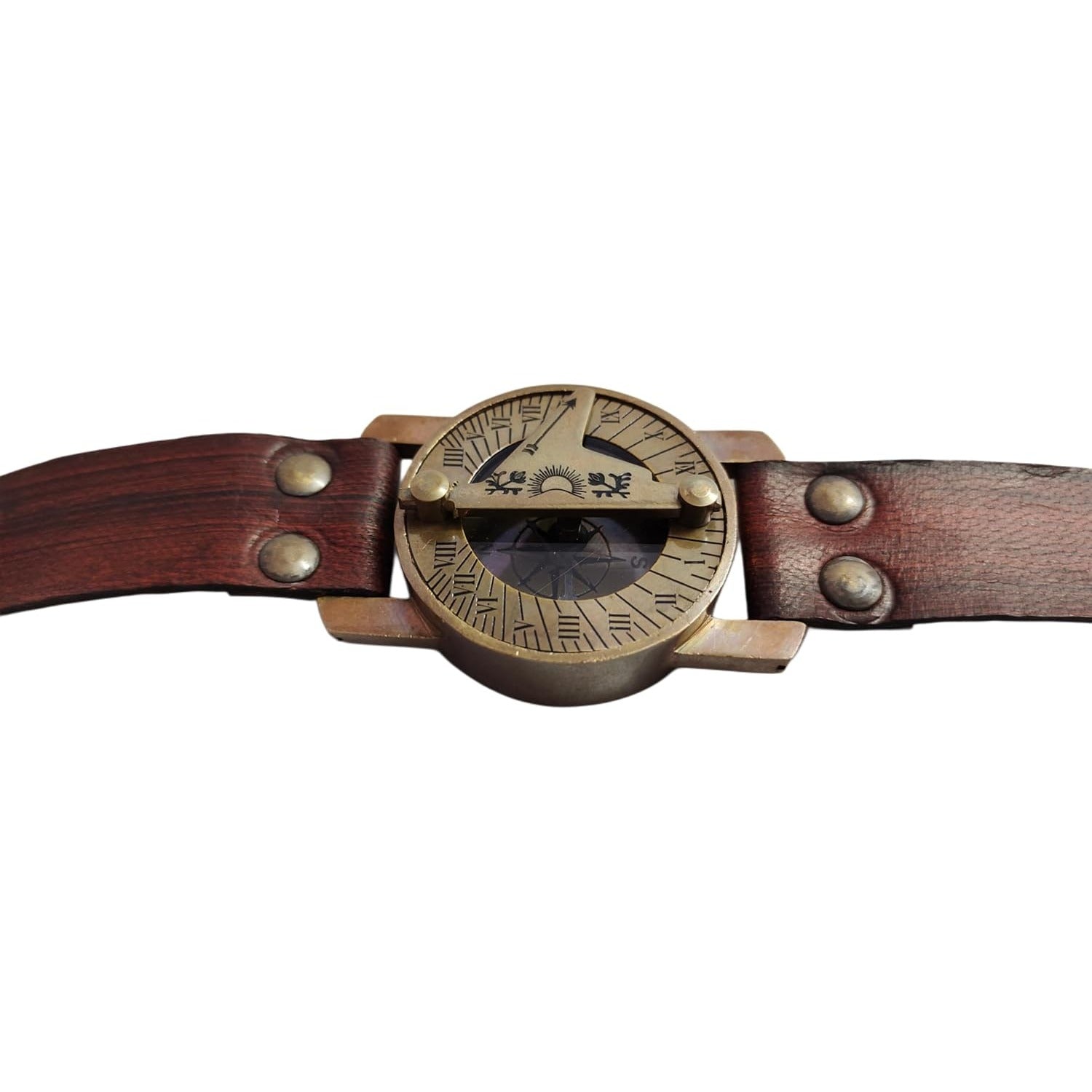 Handmade Brass Sundial Compass with Brown Leather Wristband