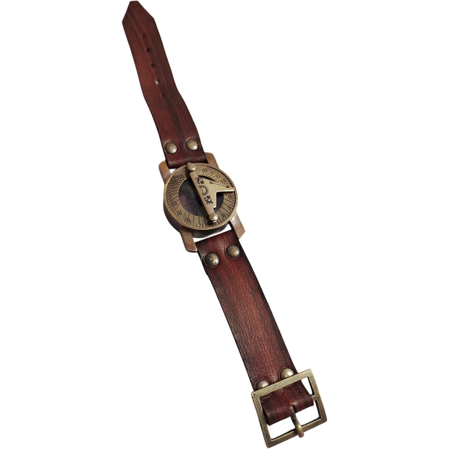 Handmade Brass Sundial Compass with Brown Leather Wristband