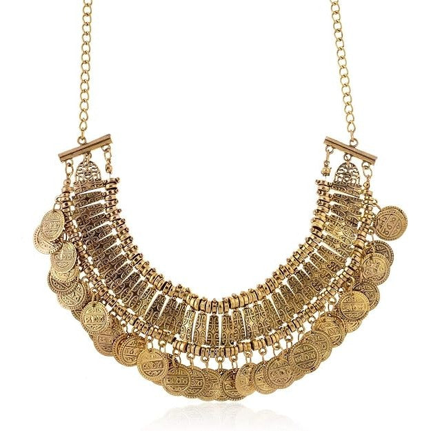 Antique-Gold-Tone Engraved Coin Bib Necklace