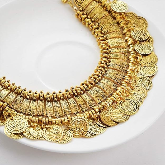 Antique-Gold-Tone Engraved Coin Bib Necklace