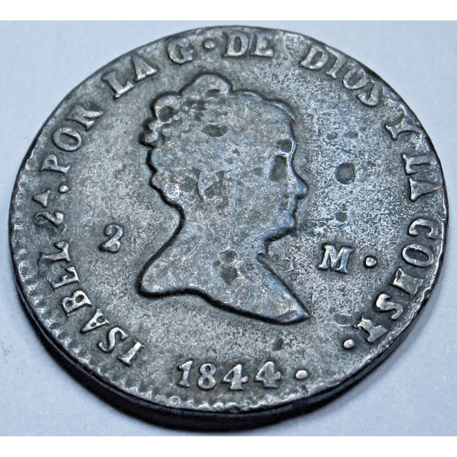 1844 Spain Isabella II Copper 2 Maravedis Coin