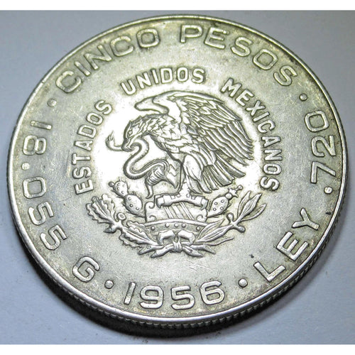 1956 Mexico Hidalgo Silver 5 Pesos Coin