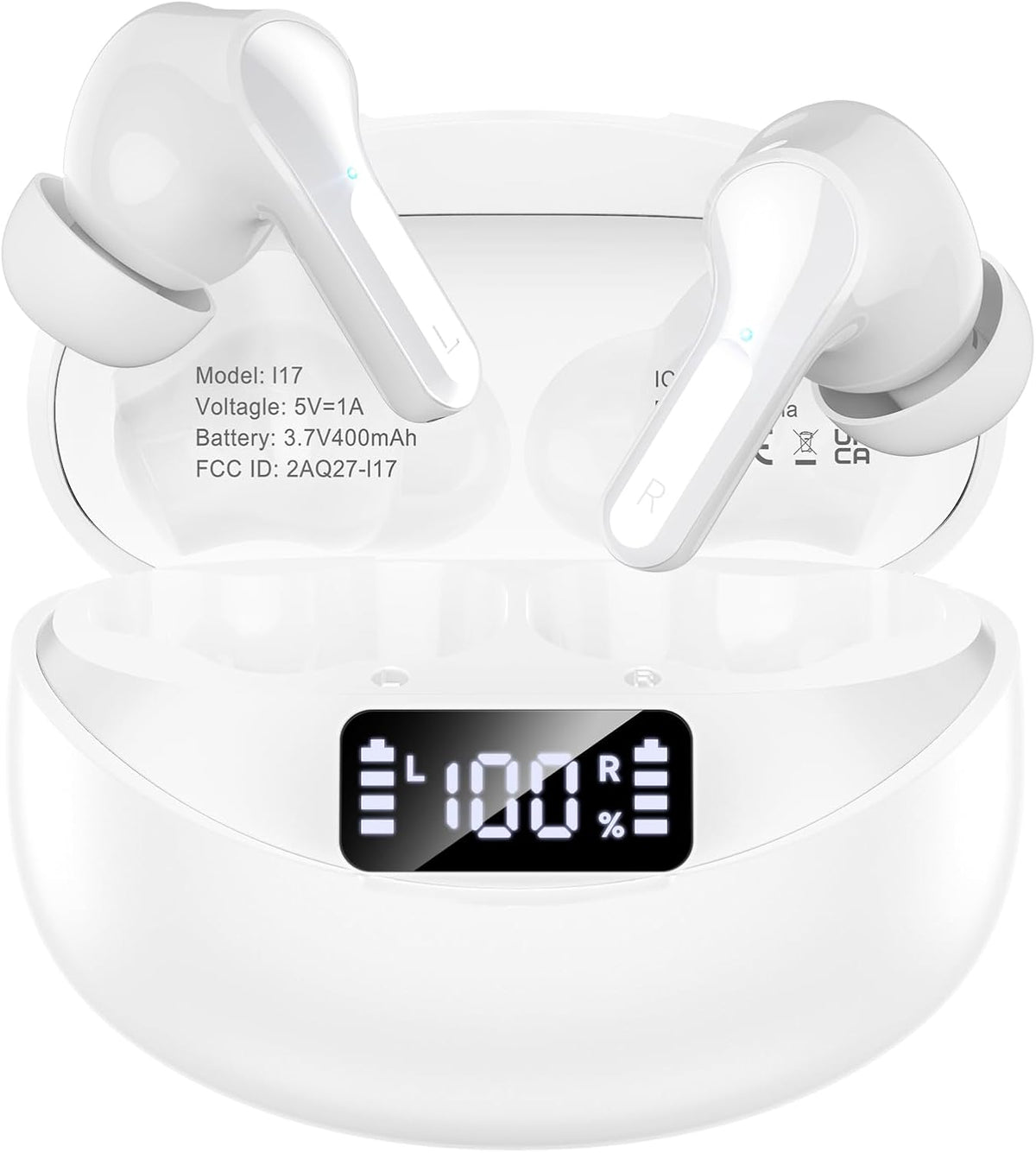 Bluetooth 5.4 Wireless Earbuds with LED Charging Case - White