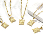 Square Initial Pendant Necklace with Figaro Chain