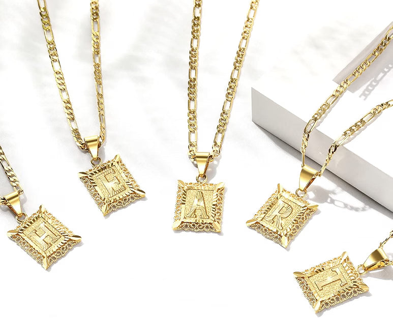 Square Initial Pendant Necklace with Figaro Chain