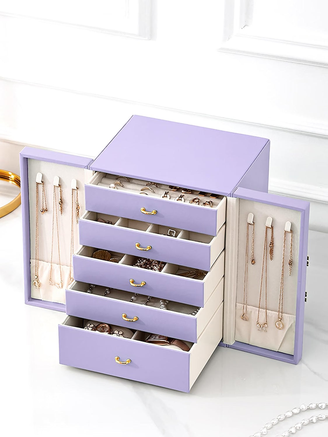 Large 5-Drawer Faux Leather Jewelry Organizer Box