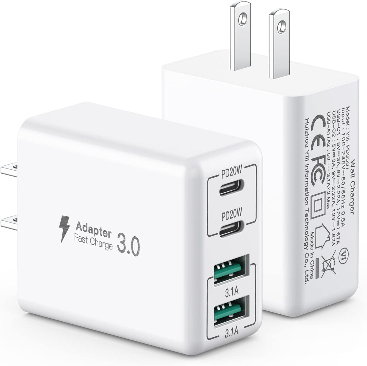 2-Pack 40W 4-Port USB-C & USB-A Fast Wall Chargers