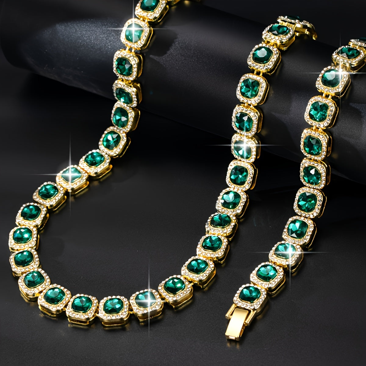 2-Piece Green Rhinestone Cuban Chain Jewelry Set