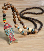 Bohemian-Style Turquoise & Wood Beaded Long Necklace