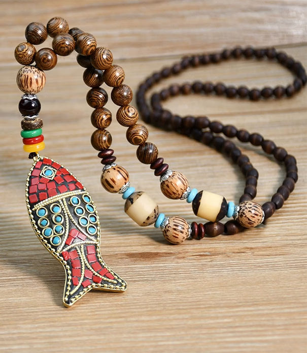 Bohemian-Style Turquoise & Wood Beaded Long Necklace