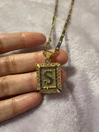 Square Initial Pendant Necklace with Figaro Chain