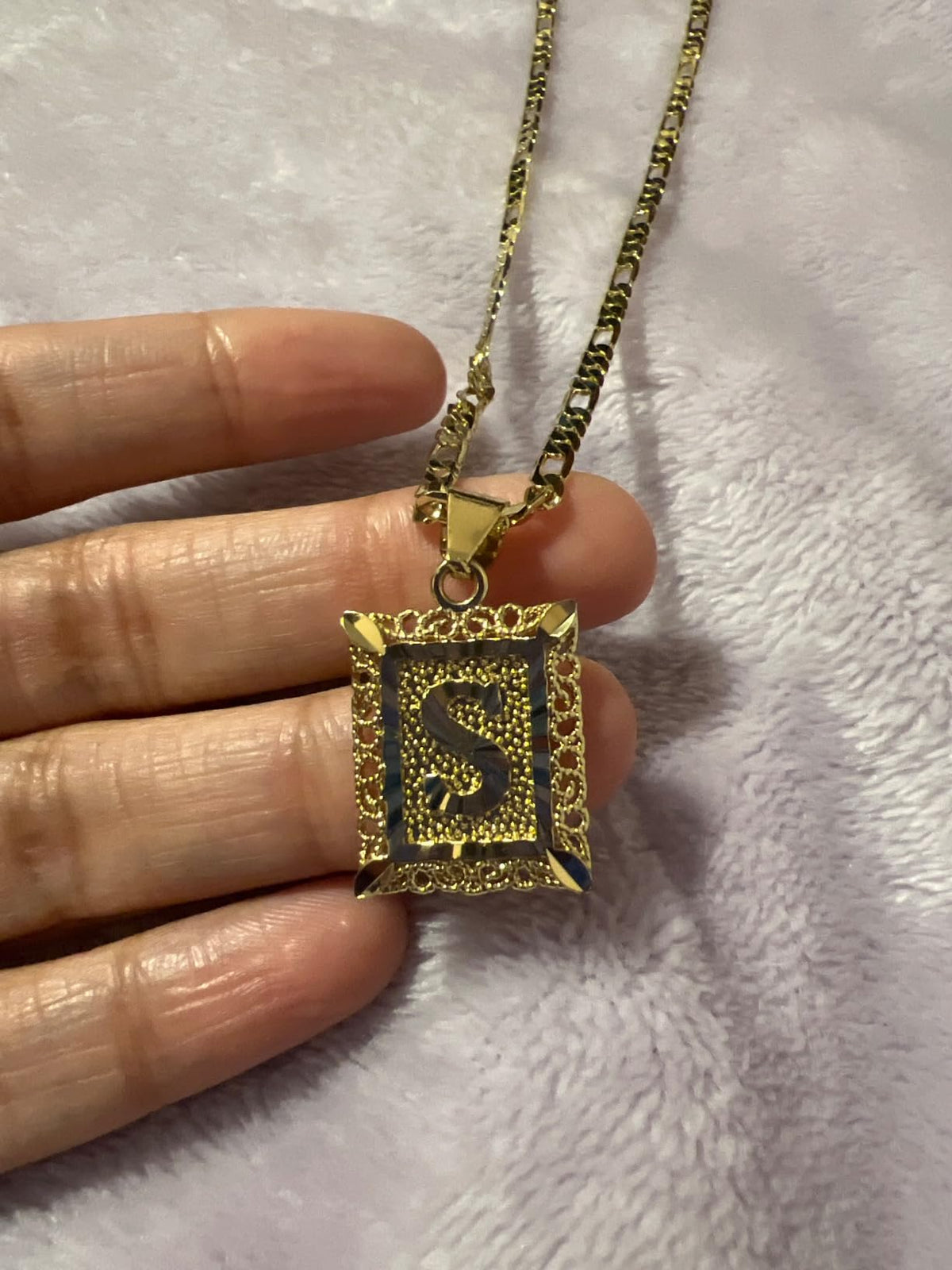 Square Initial Pendant Necklace with Figaro Chain