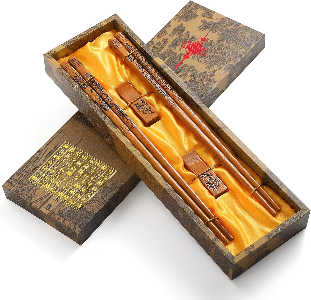 2 Pairs Dragon & Phoenix Wooden Chopsticks Gift Set
