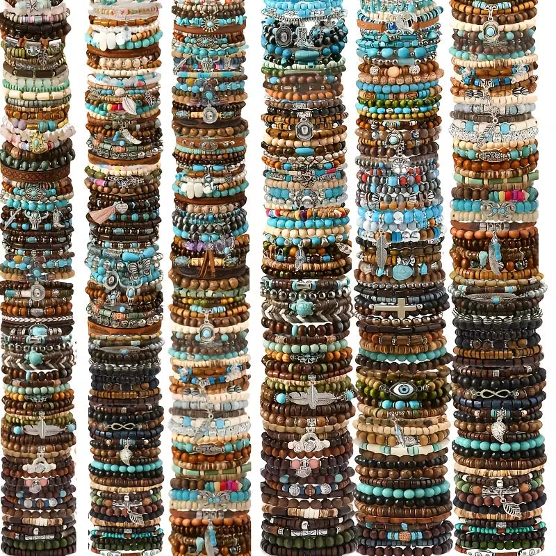 42-Piece Assorted Bohemian-Style Wooden Beaded Bracelet Lot