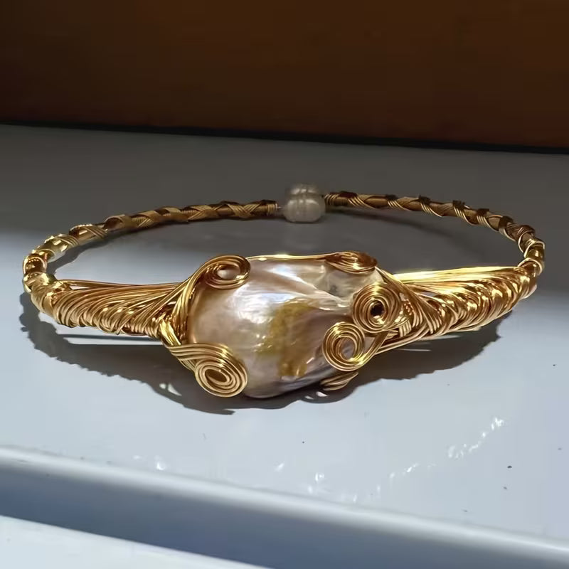 Handcrafted Baroque Freshwater Pearl Wire Cuff Bracelet