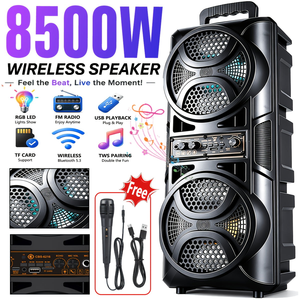 Portable Wireless Speaker with Subwoofer and LED Lights
