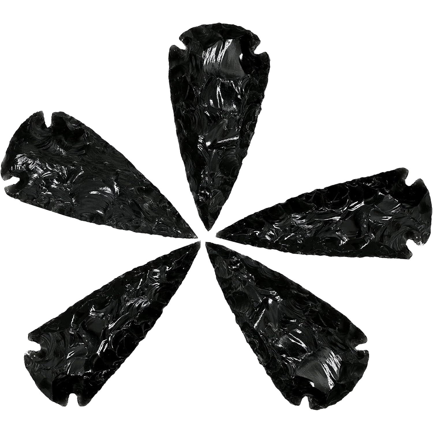 5 Hand-Knapped Black Obsidian Arrowheads