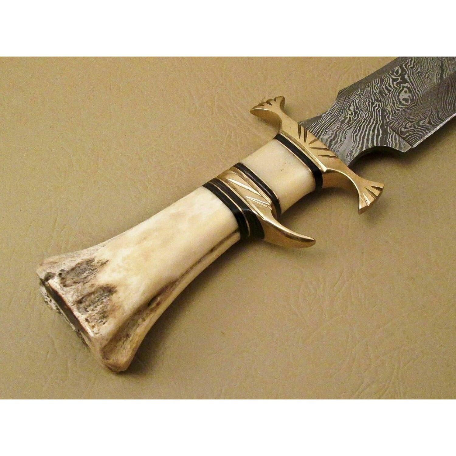 15-Inch Damascus Steel Hunting Knife with Camel Bone Handle
