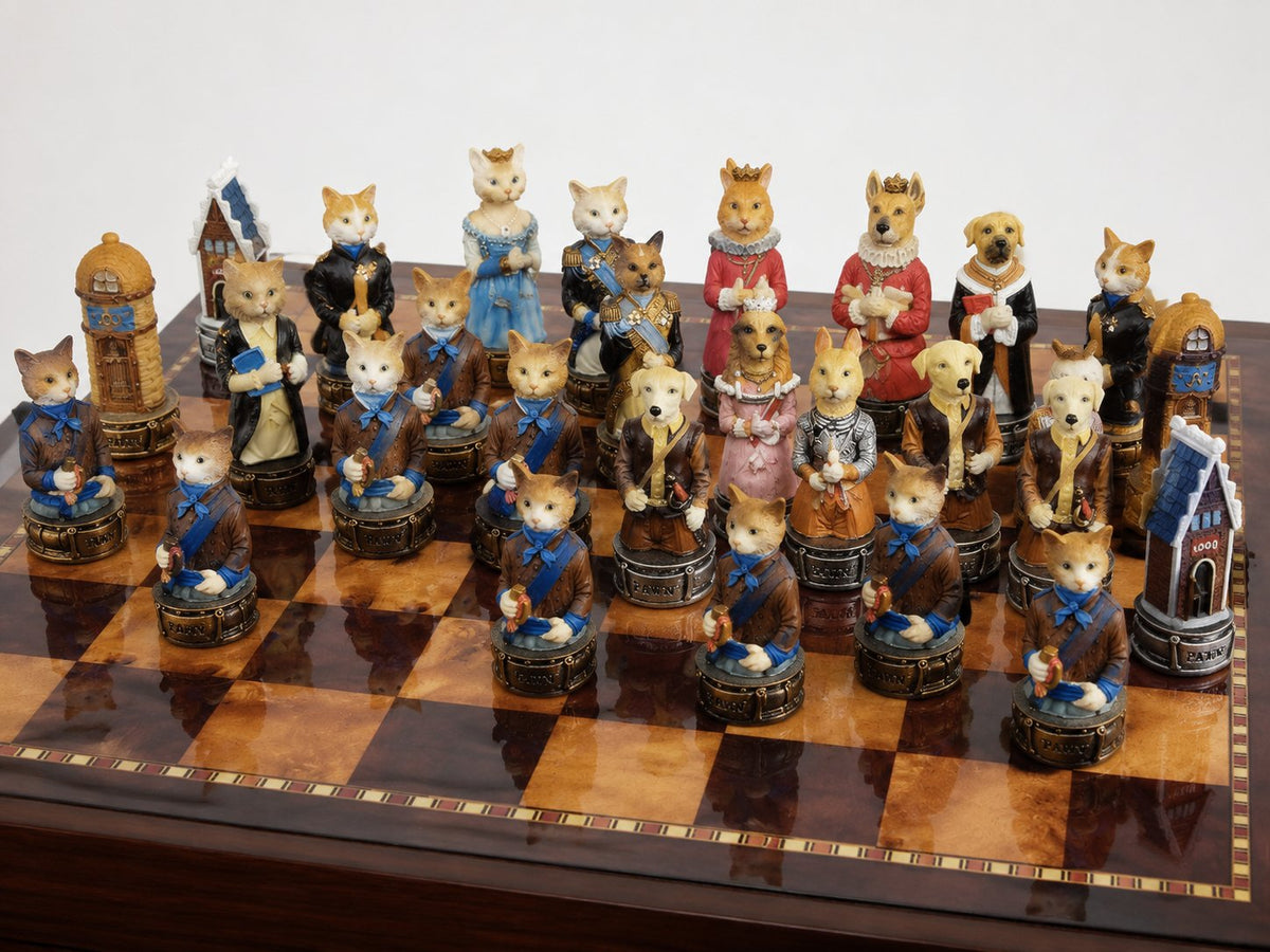 Royal Cats vs Dogs Hand-Painted Chess Set