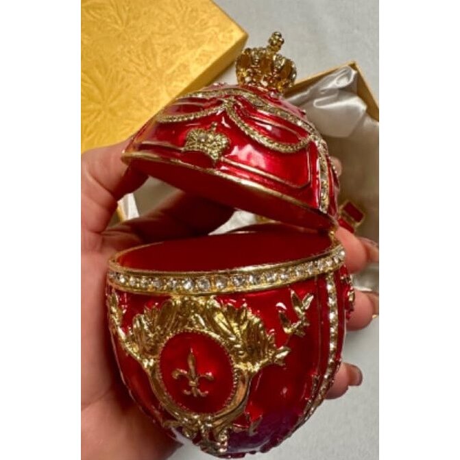 Faberge-Style Egg Trinket Box 6.6 Inch Red with Carriage